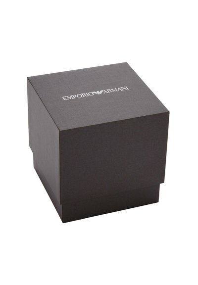 Black square box made of textured paper with a lid. Features an embossed white logo, "EMPORIO ARMANI," centered on the top surface.