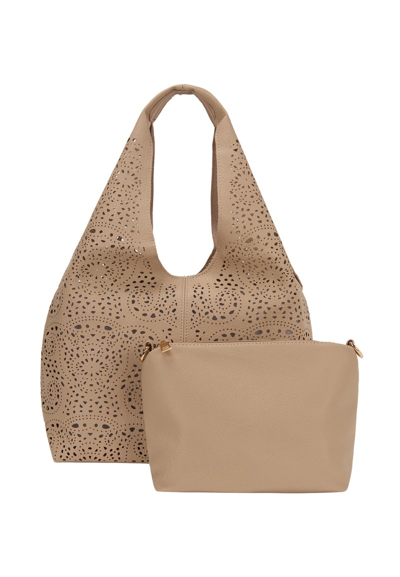Beige schoudertas met uitsnijdingen, gebogen handvatten en een afneembare bijpassende ritszak. Gladde textuur, ruime indeling voor veelzijdigheid.