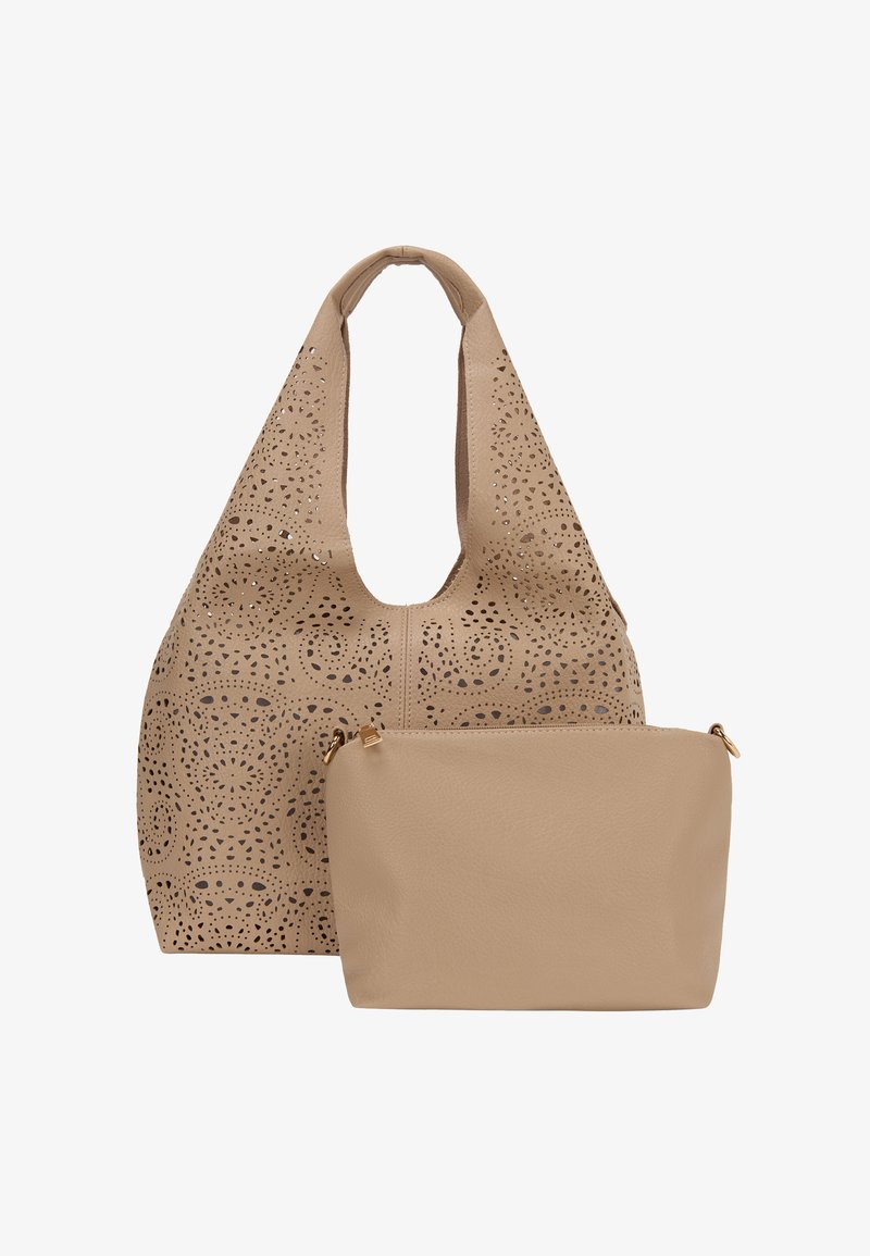 Beige tote bag med udskåret mønster, buede håndtag og en aftagelig matchende lynlås lomme. Glat tekstur, rummeligt design for alsidighed.
