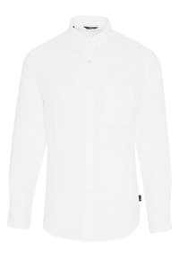 Chemise blanche à manches longues en coton. Présente un devant à boutons, une poche poitrine unique et un col classique. Texture douce.