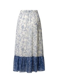 Blommig kjol i vitt med blå botaniska mönster, elastisk midja och lager på lager blå volanger i nederkanten. Lätt och andas tyg.