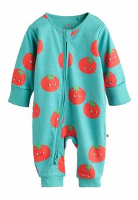 Türkiser, gerippter Babyschlafanzug mit einem Frontreißverschluss und roten Tomatendrucken mit grünen Stängeln, langen Ärmeln und Bündchen an den Knöcheln.
