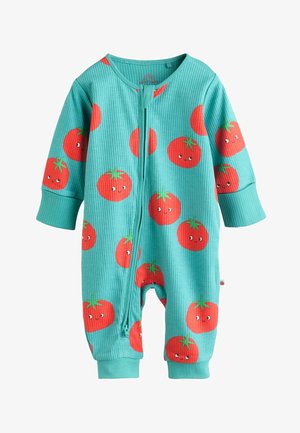 Turkoosi raidallinen vauvan haalaripuku, jossa on edessä vetoketju ja punaisia tomaattiprinttejä vihreillä varsilla, pitkähihaiset hihat ja käärmejalat.