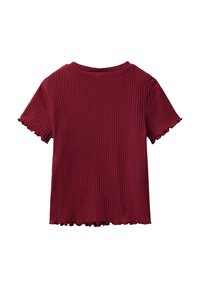 Hedvábně burgundské tričko s krátkým rukávem a žebrovaným úpletem, se spodním lemem a lemy rukávů ve tvaru salátu, položené na stole s rubovou stranou nahoře.