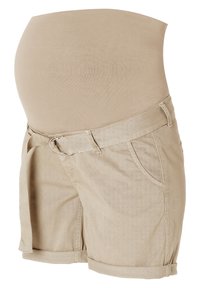 Pantaloni da gravidanza beige con una cintura elastica e liscia. Caratteristiche includono tasche frontali e risvolti per un design casual.