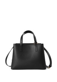 Borsa a mano in pelle nera con due manici corti e una tracolla rimovibile. Presenta una superficie testurizzata e una forma strutturata.