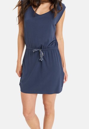 Vestido azul marino de manga corta con escote redondo y cintura con cordón. Fabricado con un material suave, presenta una silueta sencilla y relajada.