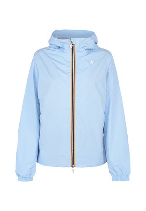 Veste à capuche bleu clair avec poignets élastiques et fermeture éclair avant avec des rayures jaunes, blanches et noires ainsi qu'un petit logo sur la poitrine.