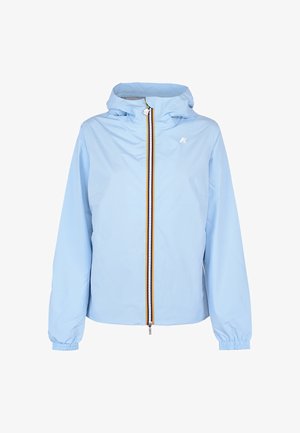 Veste à capuche bleu clair avec poignets élastiques et fermeture éclair avant avec des rayures jaunes, blanches et noires ainsi qu'un petit logo sur la poitrine.