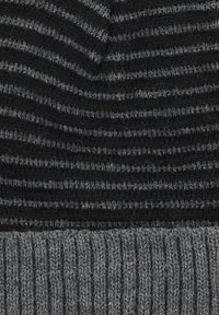 Czarna i szara czapka z prążkowanym szarym mankietem. Miękka tekstura, ciasny splot z naprzemiennie ułożonym wzorem prążków.