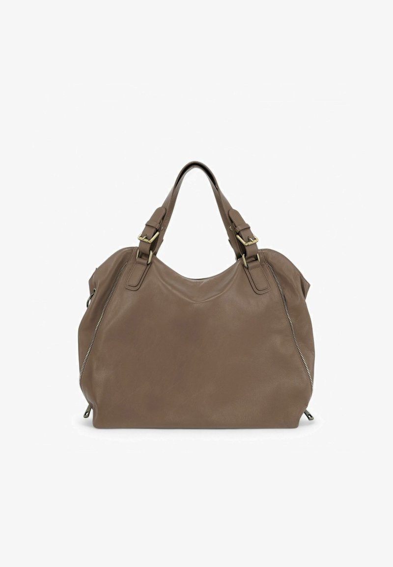 Sac à main en cuir marron avec une forme arrondie, deux anses supérieures, des accents de fermeture éclair sur les côtés et des détails en métal doré. Texture lisse avec un design minimaliste.