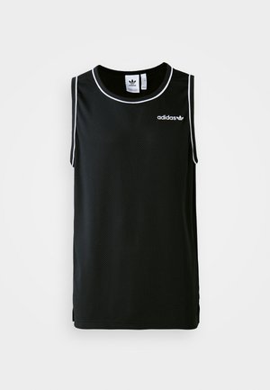 Melna sieta sporta bezmugurkaula topa ar baltu apmalēm un Adidas logo kreisajā krūtī. Bezmugurkaula dizains, viegla un elpojoša tekstūra.