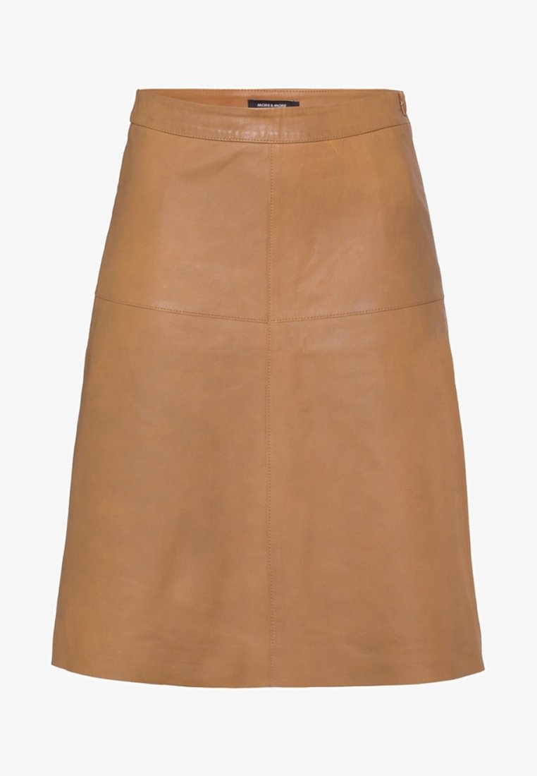 Valkoinen nahkainen A-linjainen hame, jossa on sileä rakenne, korkea vyötärö ja minimalistinen muotoilu. Ei näkyvää metalliosaa tai kuvioita.