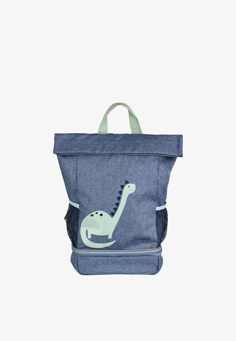 Blue denim backpack with mint green dinosaur design, rounded shape, mesh side pocket, and adjustable top handle. Zippered bottom compartment.
