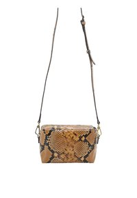 Brown faux snake-skin crossbody bag with a rectangular shape, zip closure, and a detachable strap, featuring black scale patterns.