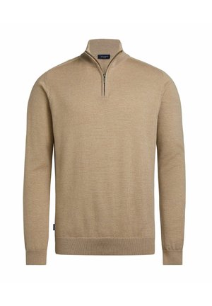 Beiger Strickpullover mit einem Viertelreißverschlusskragen, gerippten Bündchen und Saum, aus einem weichen Material und mittelschwerem Stoff gefertigt.