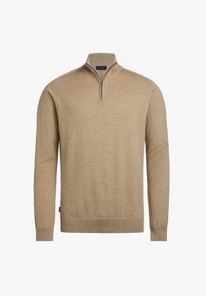Beige knit pullover sweater with a quarter-zip collar, ribbed cuffs and hem, featuring a soft texture and medium-weight fabric.