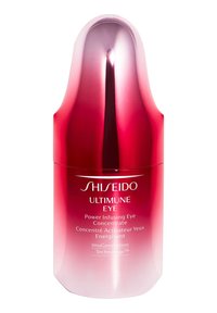 Shiseido Ultimune Eye Concentrate lasis lasipullossa, jossa on vaaleanpunaisesta punaiseksi vaihteleva sävy, kohokuvioitu logo ja valkoinen teksti.