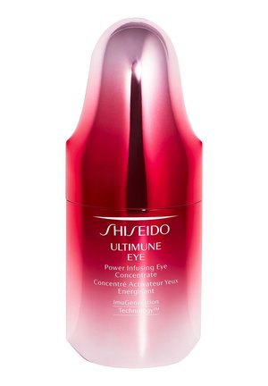 Shiseido Ultimune Eye Concentrate i en avsmalnande glasflaska med en gradient från röd till rosa, präglad logotyp och vit text.
