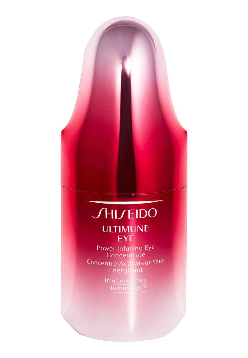 Shiseido Ultimune Eye Concentrate lasis lasipullossa, jossa on vaaleanpunaisesta punaiseksi vaihteleva sävy, kohokuvioitu logo ja valkoinen teksti.