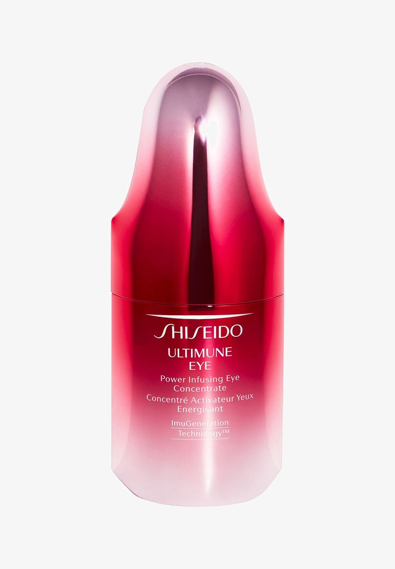 Shiseido Ultimune Eye Concentrate lasis lasipullossa, jossa on vaaleanpunaisesta punaiseksi vaihteleva sävy, kohokuvioitu logo ja valkoinen teksti.