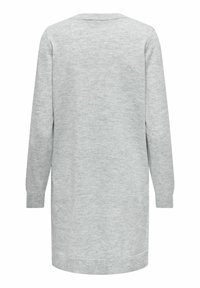 Robe pull en maille gris clair à manches longues avec poignets et ourlet côtelés, vue de dos sur fond blanc.