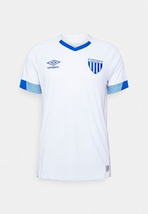 Witte korte mouwen voetbalshirt met blauwe V-hals, blauwe, met patroon voorziene mouwboorden, Umbro-logo op de rechterborst en Avaí FC-badge op de linkerborst.