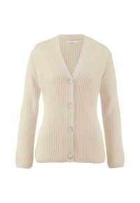 Beige gerippter Cardi mit V-Ausschnitt, langen Ärmeln und fünf Knopfverschlüssen. Hergestellt aus strukturiertem Strickstoff. Einfaches und klassisches Design.