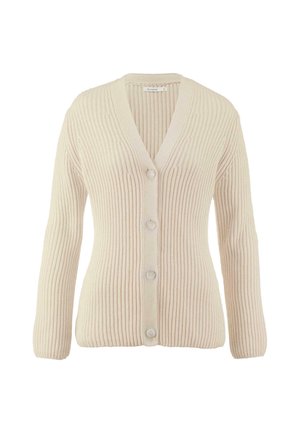 Beige gerippter Cardi mit V-Ausschnitt, langen Ärmeln und fünf Knopfverschlüssen. Hergestellt aus strukturiertem Strickstoff. Einfaches und klassisches Design.