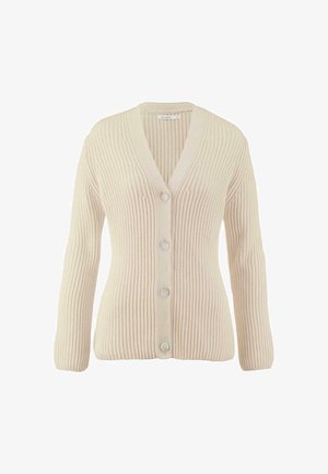 Beige gerippter Cardi mit V-Ausschnitt, langen Ärmeln und fünf Knopfverschlüssen. Hergestellt aus strukturiertem Strickstoff. Einfaches und klassisches Design.