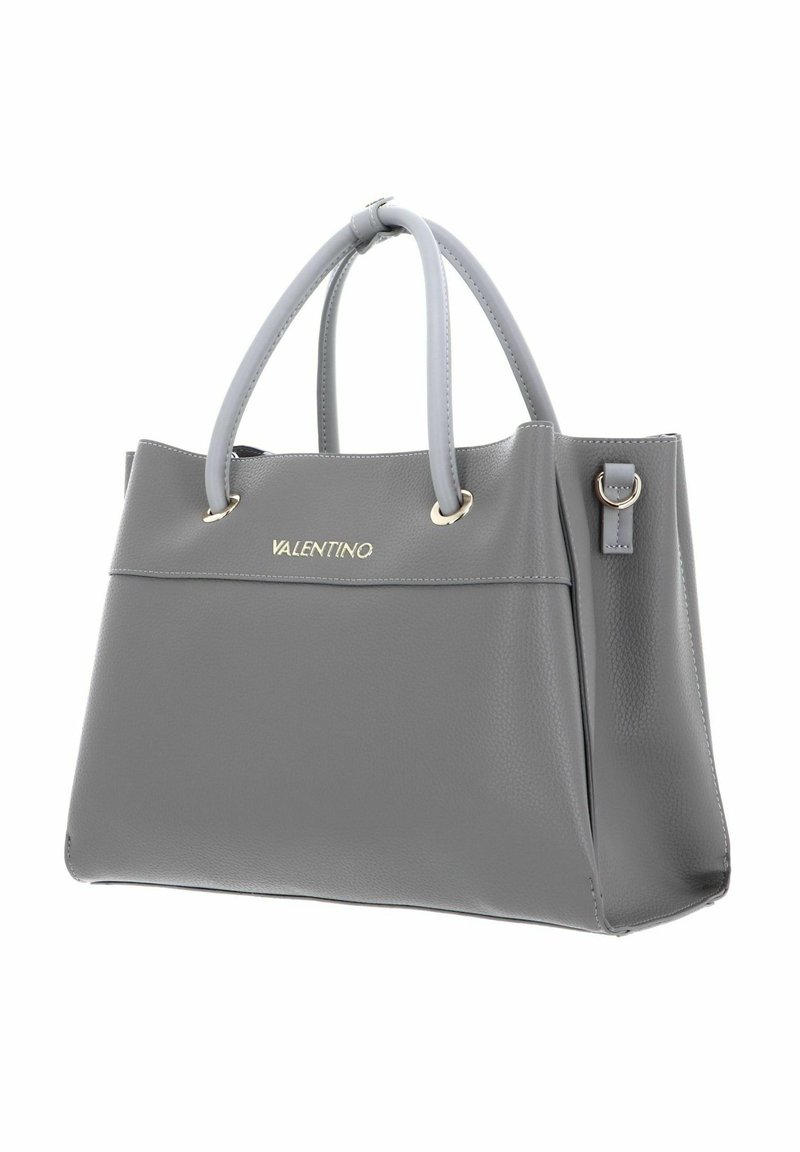 Graue Kunstleder-Shopper-Tasche mit doppelten oberen Traggriffen, goldfarbener Hardware und einer glatten, strukturierten Oberfläche. Das Logo ziert die Vorderseite.