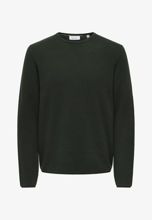 Temno zelena pletena jopica s okroglim izrezom, dolgimi rokavi in teksturirano površino. Brez vidnih vzorcev ali kovinskih okrasov.