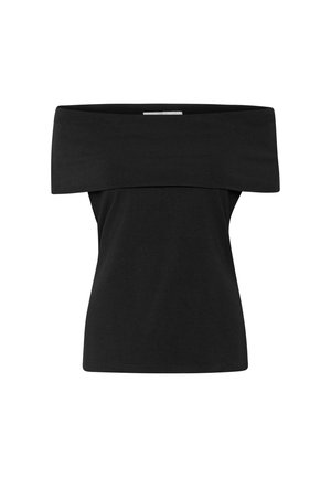 Top negru, cu umerii descoperiți, cu un decolteu larg și mâneci scurte, realizat dintr-un material moale și elastic, având o siluetă ajustată.