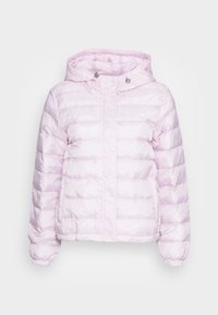 Ljusrosa puffer-jacka med huva, med horisontell quiltning, elastiska ärmslut och dragsko i nederkanten för justerbar passform.