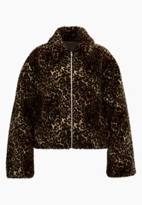 Casaco de pelo sintético com estampa de leopardo, design curto, mangas compridas e fecho frontal com zíper. Apresenta gola com colarinho e tons marrons variados.