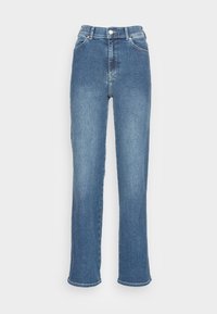 High-waisted blue denim jeans with a straight-leg design, featuring five pockets and a front button closure. Smooth texture and classic fit.