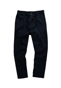 Navy jogger-housut pehmeästä kankaasta, jossa on elastinen vyötärönyöri, sivutaskut ja kapenevat lahkeet, joissa on kontrastivärit.