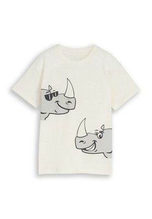 Wit shirt met korte mouwen met twee glimlachende grijze neushoorngezichten, waarvan één een zonnebril draagt, bedrukt aan de voorkant.