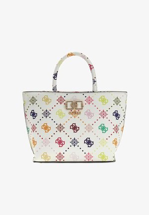 Sac cabas blanc avec des motifs géométriques multicolores et un logo, deux poignées, et une boucle rectangulaire couleur or avec logo sur le devant.