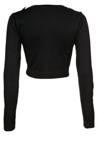 Svart kortärmad tröja med långa ärmar, ribbat mönster, rund halsringning och knapppdetaljer på axlarna. Formell och åtsittande design.