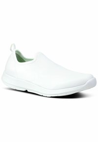 White slip-on shoe with a textured fabric upper, rounded toe, and cushioned sole. Features a small pull tab at the back for easy wear.