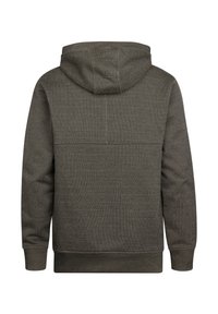 Felpa con cappuccio in verde scuro con una finitura testurizzata, caratterizzata da una linea dritta e polsini a coste. La vista posteriore mostra un design minimalista.