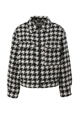 Jacke mit Hahnentritt-Muster aus schwarzem und cremefarbenem Stoff. Verfügt über einen Reißverschluss vorne, einen Kragen und zwei Brusttaschen. Mittellange Ärmel.