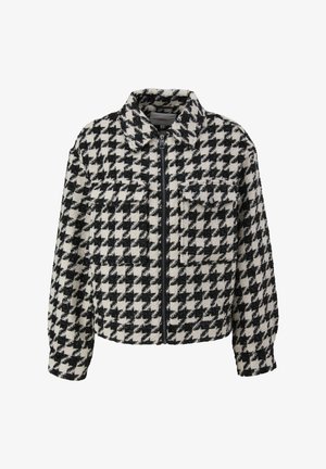 Giacca in tessuto con motivo a scacchi in bianco e nero. Presenta una zip frontale, colletto e due tasche sul petto. Maniche di lunghezza media.