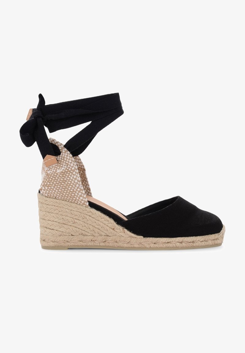 Černé plátěné espadrilky na vyšším podpatku s juta podrážkou, zdobené vzorovaným béžovým podpatkem a nastavovacími černými tkaninovými popruhy kolem kotníku.