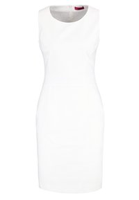 Robe fourreau blanche sans manches, longueur au genou, avec encolure ronde et fermeture éclair au dos, réalisée dans un tissu légèrement texturé.