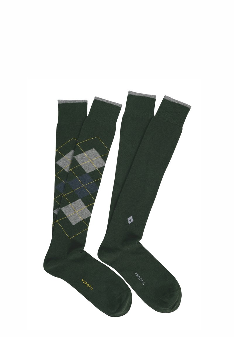 Due calze scure verdi fino al ginocchio, una con un motivo argyle grigio, blu e giallo, l'altra uniforme con un piccolo logo a diamante grigio.