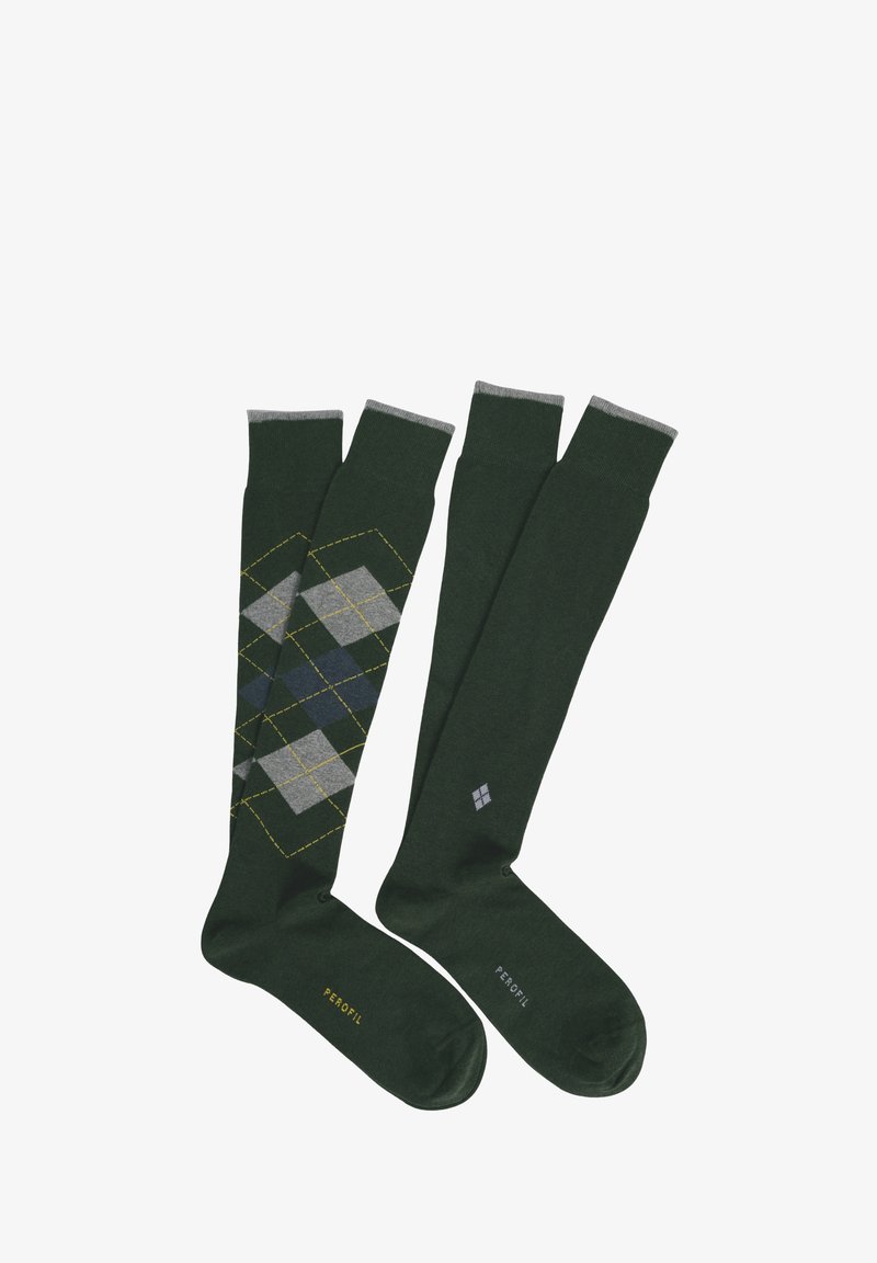 Due calze scure verdi fino al ginocchio, una con un motivo argyle grigio, blu e giallo, l'altra uniforme con un piccolo logo a diamante grigio.