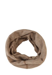 Braun gestreifter Infinity-Schal aus weichem Stoff. Leicht strukturiert mit einem durchgehenden Loop-Design. Besitzt schmale und breite Streifen.