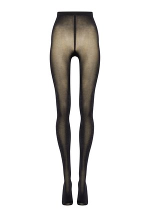 Opaak zwarte panty’s met een doorzichtige gouden inzet, voorzien van een hoge tailleband en een zachte textuur. Het ontwerp bedekt de volledige lengte van het been.